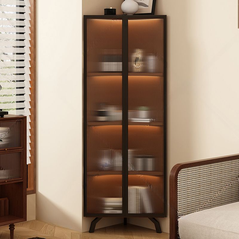 Simple Corner Accent Cabinet with Closet, Laminate, Glazed Door, and Brown Top