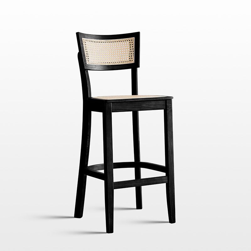 Casual Cane Bar Stools in Midnight Black/Caramel/Natural Color with Back, Quadrilateral Seat, and Leg Rest