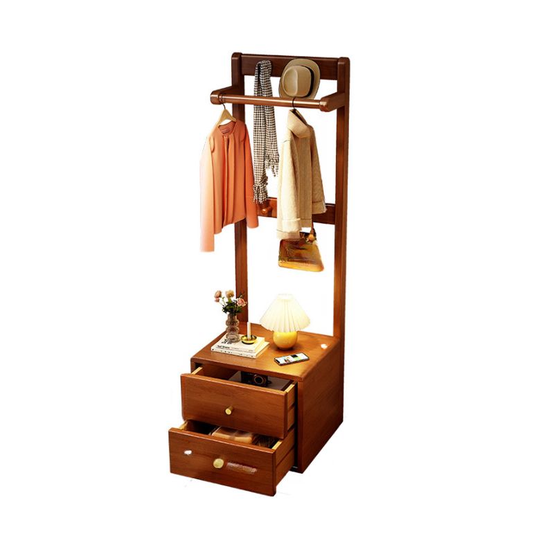 Contemporary Natural Wood Coat Rack with Receptacle, 2 Drawers, Wood Bench, and Wood Hook