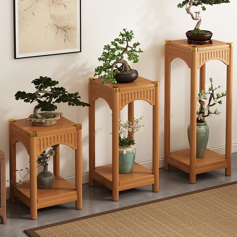 2 Tiers Square Plant Stand Side Table with Solid Wood & Brass Top, 1 Piece Set, 2 Shelves, and Legs