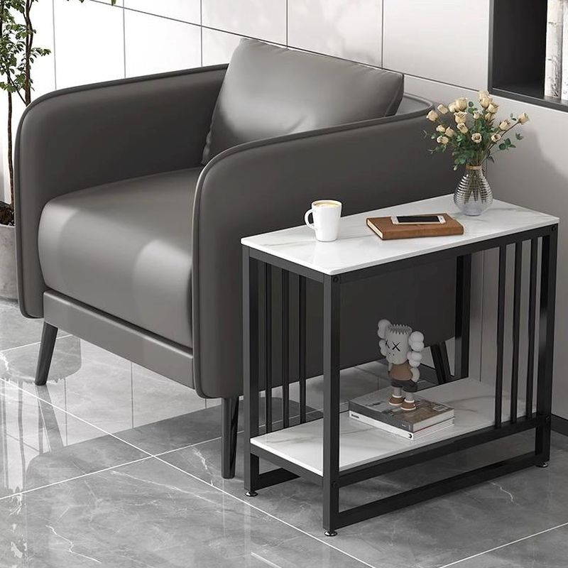 Contemporary Chairside Table Only with Light Gray Stone Top and 4 Legs, Rectangle/Square Shape with Shelf