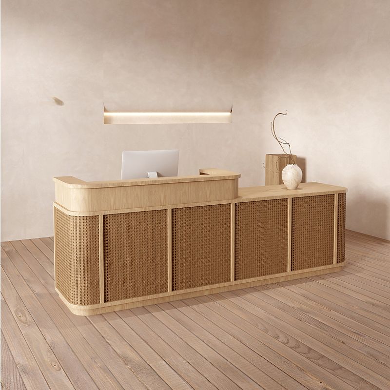 Rectangular Reception Desk with Locker, Hutch, Keyboard Tray, Brown/Unfinished Color Top, Filing Cabinet, Manufactured Wood Top