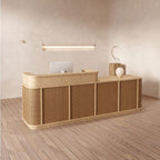 Rectangular Reception Desk with Locker, Hutch, Keyboard Tray, Brown/Unfinished Color Top, Filing Cabinet, Manufactured Wood Top