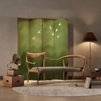 Sage Opaque Fold-up Screen Divider with Walnut Wood Frame, 4 Panels, Double Sided Print, and Independent Design