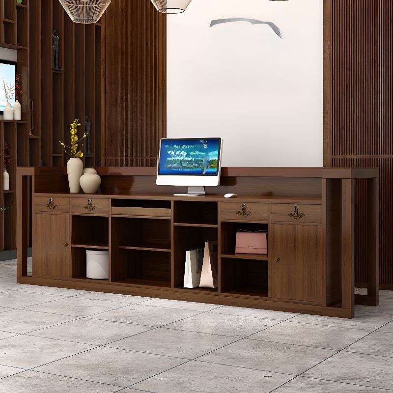 Rectangle Solid Wood Top Tan/Unfinished Color/Brown Reception Desk with Cupboard, Keyboard Tray & Filing Cabinet
