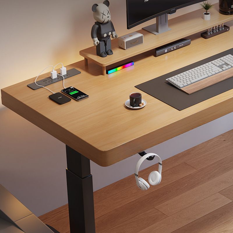 Minimalist Height Adjustable Gaming Computer Desk in Auburn/Natural with Distortion-resistant T-Shape Base and Headphone Hook, Solid Wood Top