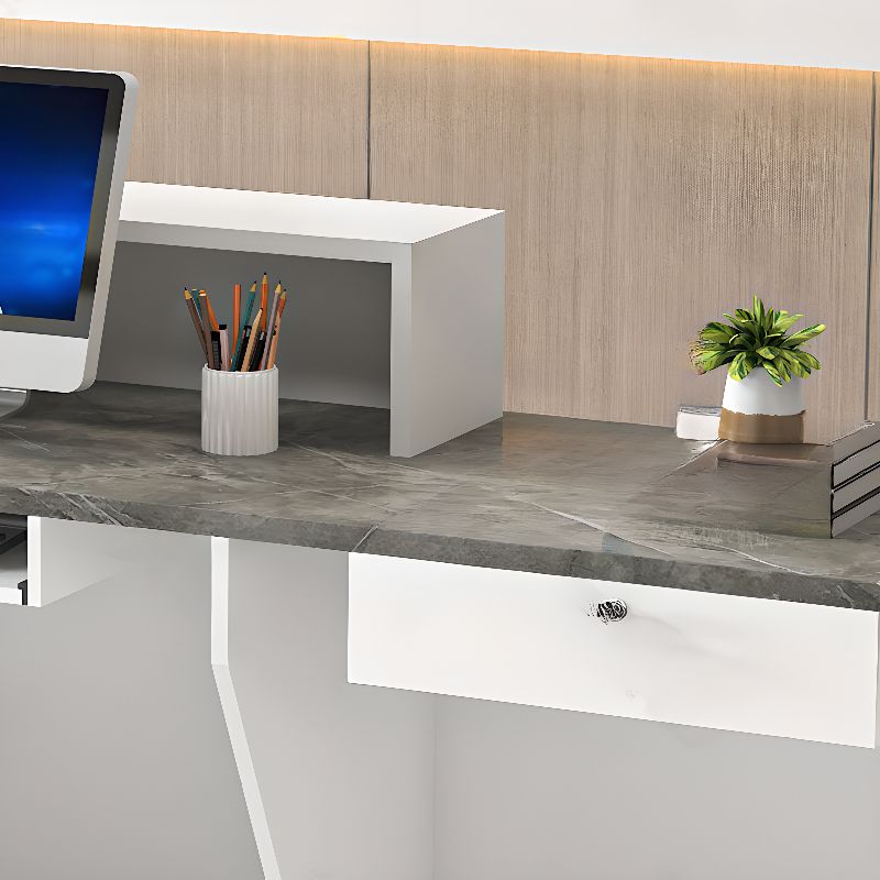 Rectangular Reception Desk with 1 Drawer, Hutch, Keyboard Tray, Cable Management in Blue/Maroon/Amber Color Manufactured Wood Top