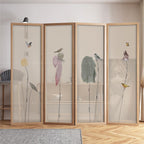 Wood Grain Minimalist Translucent Gauze Screen Divider, Fold-up with 4 Panels, and Independent