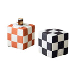 Modish Checkered Accent Stool with Square Base and Upholstered Seat