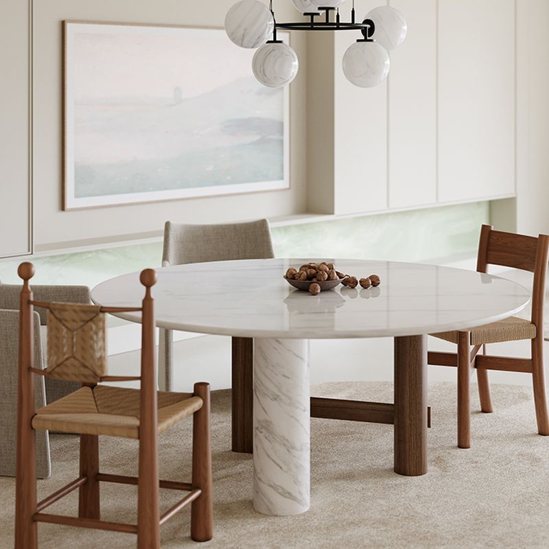 Simple Circular-shaped Dining Table with Natural Wood Base, Fixed Mechanism, and Chalk Top