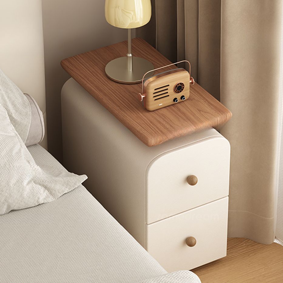 Modish Curved Nightstand with 2 Drawers and Natural Wood Countertop
