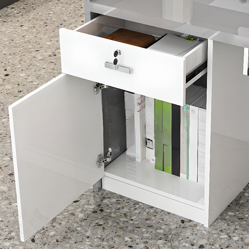 L-Shape Desk with Cabinet, Hutch, Cable Management, Desk Return, Azure/Wood/Tangerine Top, Filing Cabinet, Manufactured Wood Top