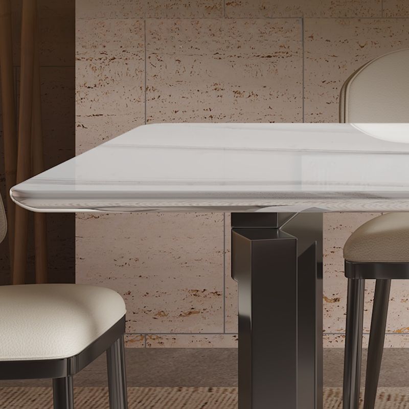Art Deco Marble Dining Table with Fixed Table in White, Thermal Resistant for Seats 4/6-person Seat, Marble Slab Top and Mixed-material Design