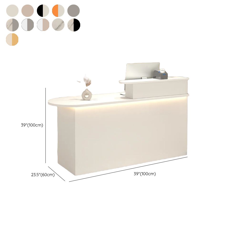 Rectangle Manufactured Wood Reception Desk with Stone Top, Locker, Keyboard Tray, and Filing Cabinet