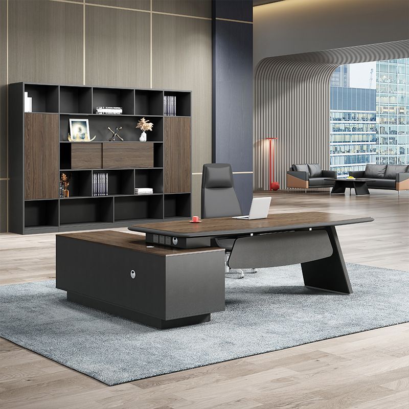 Office Desk with 2 Drawers, Cabinet, Stump Base, Exterior Shelf, Cable Management, Front Splash, and Cooling Hole