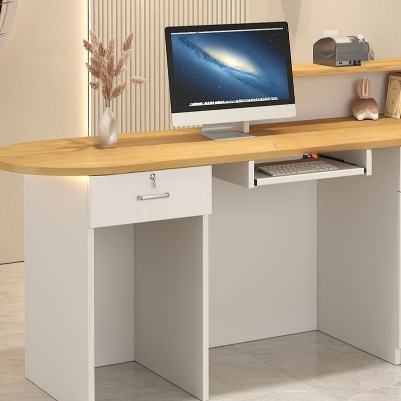 Rectangle Manufactured Wood Reception Desk with Stone Top, Locker, Keyboard Tray, and Filing Cabinet