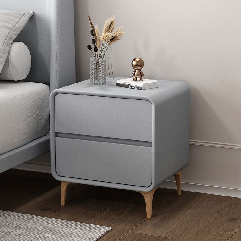 Modish Nightstand With Drawer Organization, 2 Drawers, Pleather Countertop, and Leg
