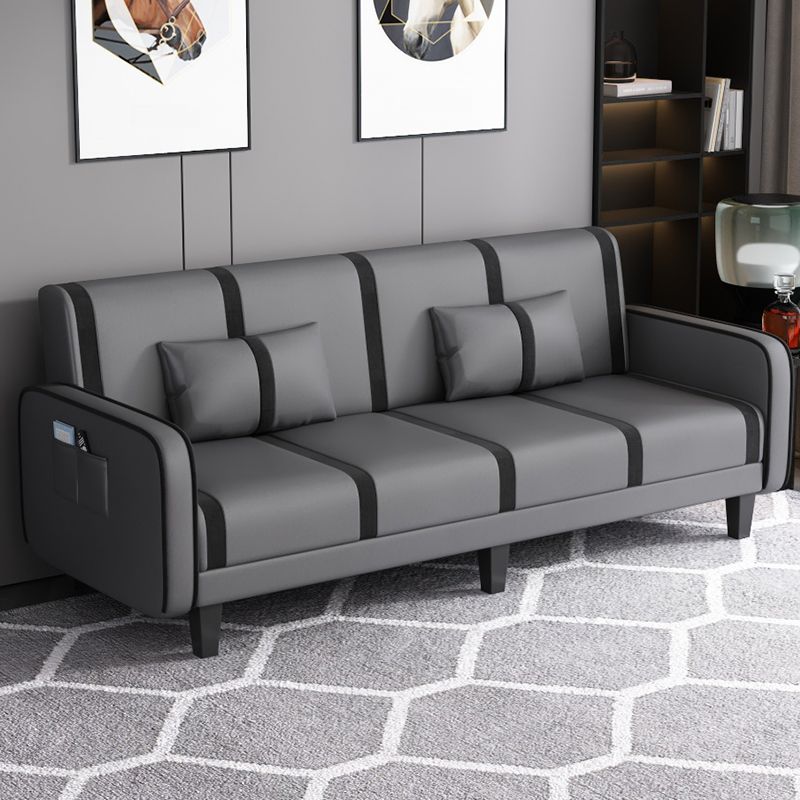 Striped Convertible Sofa in Pu Leather/Flannel with Cerulean/Light Brown/Off-White Upholstery and Armrest
