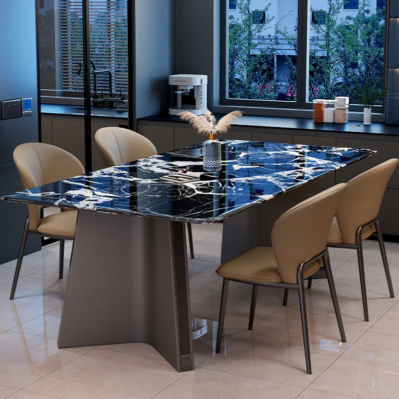 Trendy Midnight Black Steel Base Fixed Mixed Material Marble Top Dining Table Seating for 4/6 People, Stain Resistant