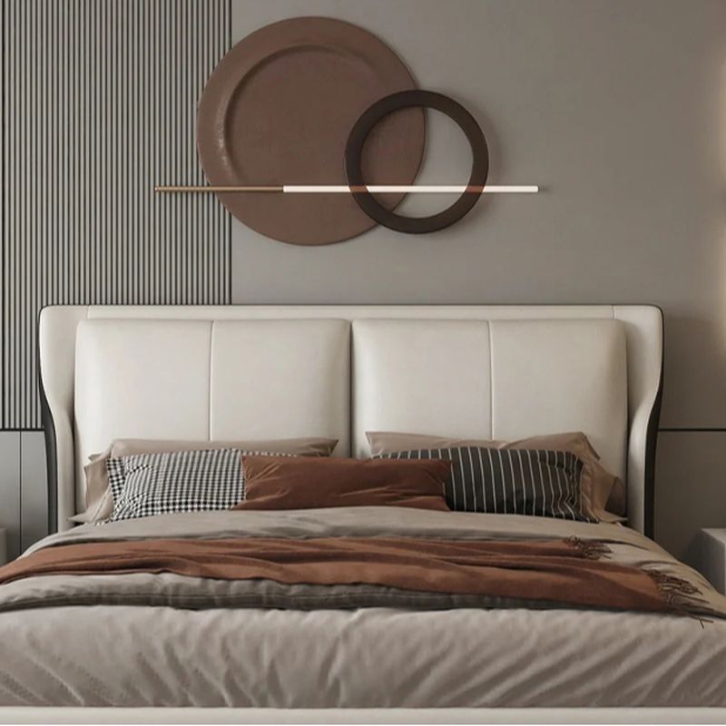 Trendy Wingback Headboard in Natural Wood with No Distressing, Rectangle Shape for Full/Queen Bed, Featuring Sponge Upholstery and Standard Height