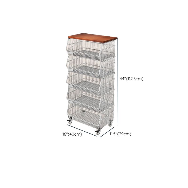Portable Center with Wheels, Exterior Shelving, Laminate Countertop, Open Storage, Basket, 3/4 Baskets in Brown