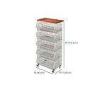 Portable Center with Wheels, Exterior Shelving, Laminate Countertop, Open Storage, Basket, 3/4 Baskets in Brown