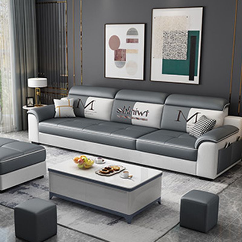 Modish Solid Color Scratch-durable Standard Sofa in Dove Grey with Receptacle Storage, Seats 3 to 5, and Includes 4 Pillows