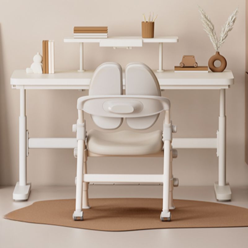 Bend-resistant Trestle Base Table with 1 Drawer, 1 Shelf, Manual Height Adjustment, Chalk Top, and Self-supporting Bookcase