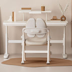 Bend-resistant Trestle Base Table with 1 Drawer, 1 Shelf, Manual Height Adjustment, Chalk Top, and Self-supporting Bookcase