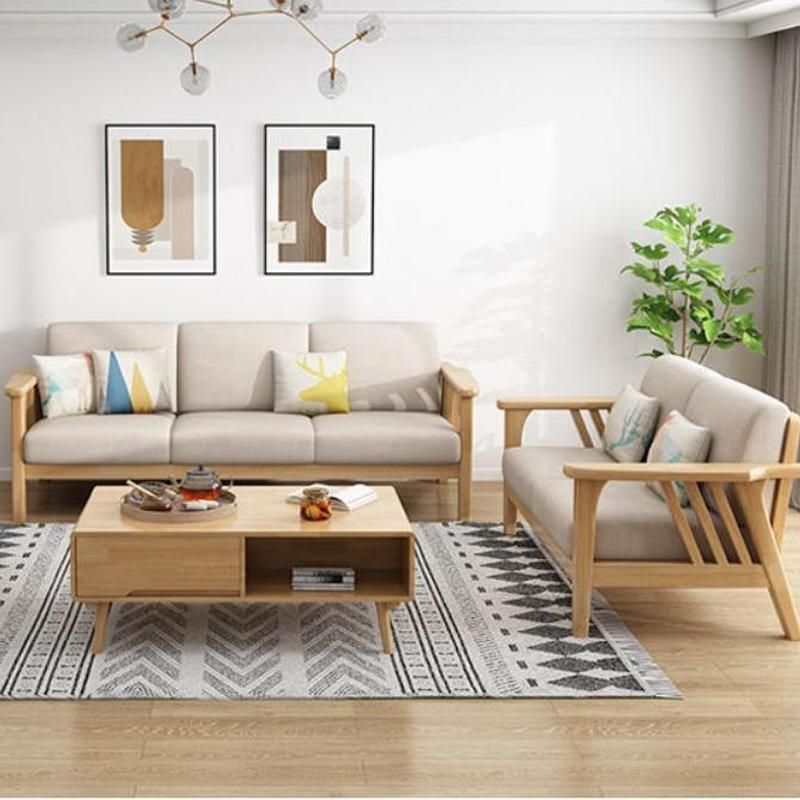 Scandinavian Fabric Sofa with Square Arm and Cushions for Living Room