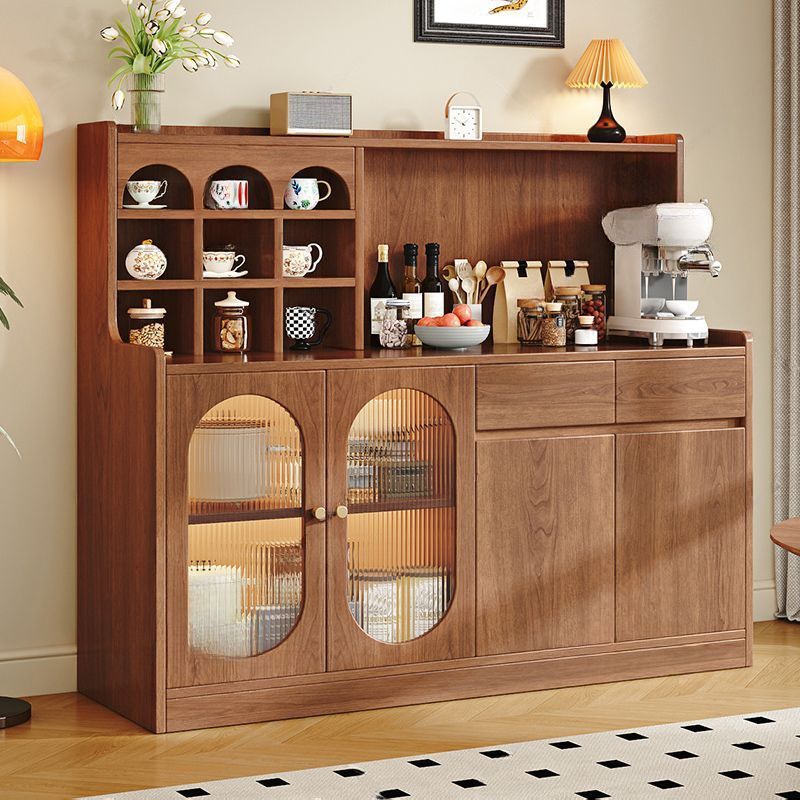 Espresso Art Deco Sideboard with Closet, 3 Shelves, Pantry Hutch, Lumber Countertop, and Glass Doors