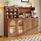 Espresso Art Deco Sideboard with Closet, 3 Shelves, Pantry Hutch, Lumber Countertop, and Glass Doors