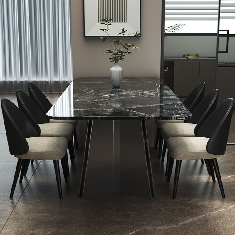 Natural Marble Dining Table in Modern Simple Style, Fixed Table in Midnight Black for 6-person, Scratch Resistant Marble Slab, Mixed-material Design