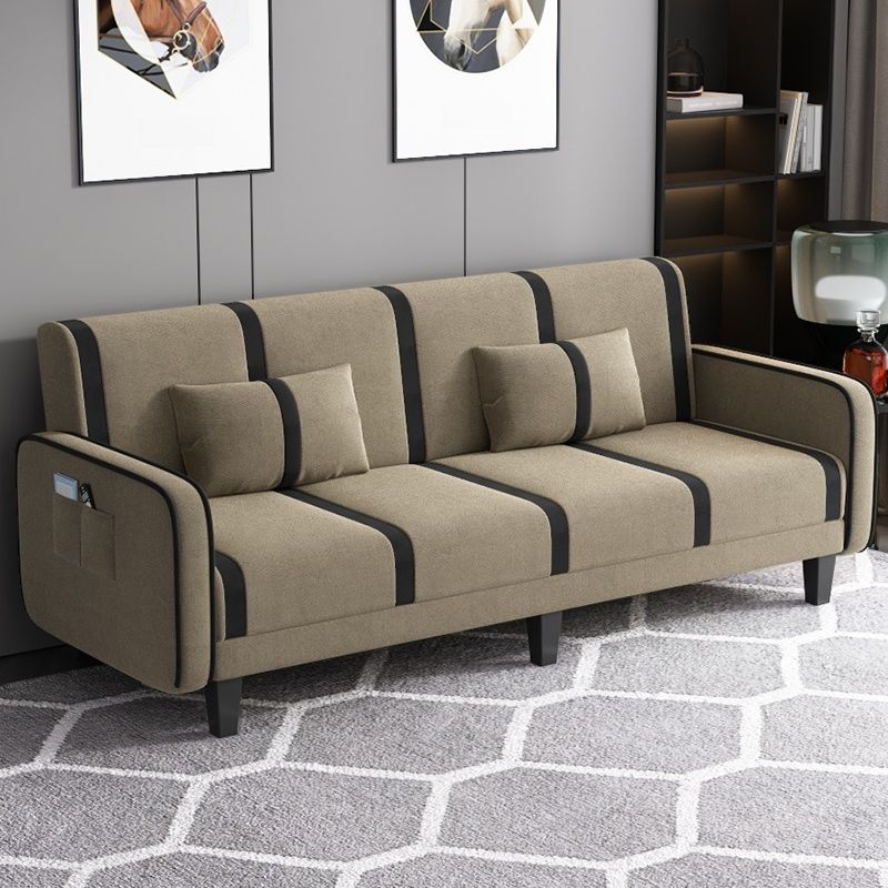 Striped Convertible Sofa in Pu Leather/Flannel with Cerulean/Light Brown/Off-White Upholstery and Armrest