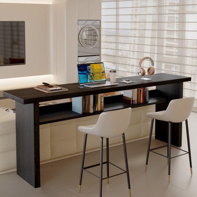 Simplistic Style Pub Table with Lumber Top and Two-sided Pedestal Base in Ink, Featuring Container Storage and Rectangle Shape