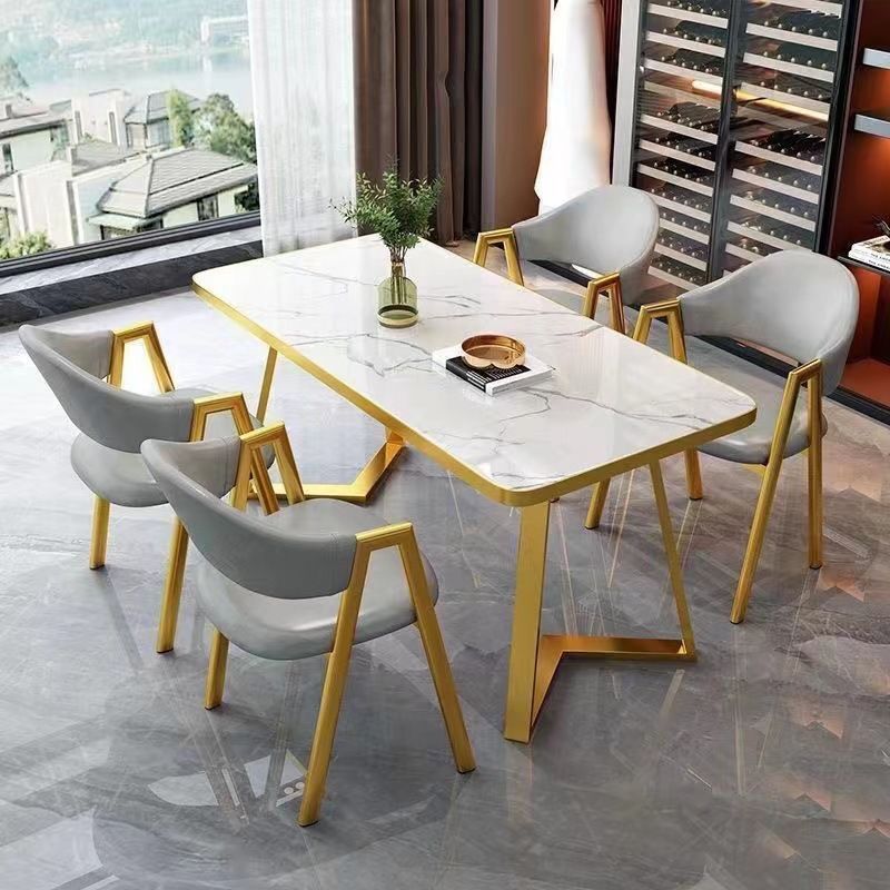 Glamorous Rectangular Dining Table with White Wooden Tabletop and Fixed Table
