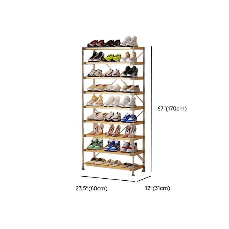Art Deco Solid Wood Rectangle Shoe Rack with Nature Finish and Adjustable Shelves for 11-20 Pairs in Drawing Room