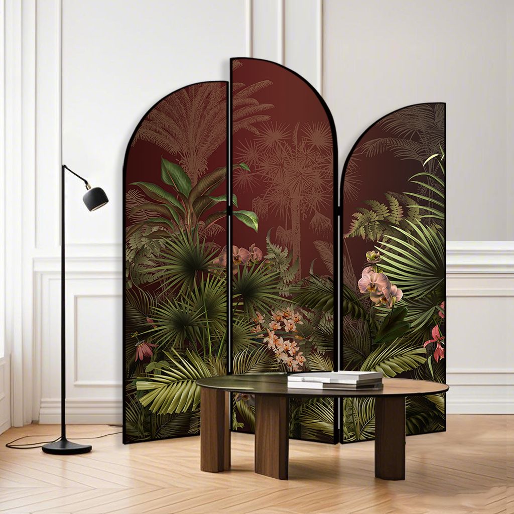 Art Deco Opaque Compact Room Divider with Lumber Frame, 3 Panels, Double Sided Print, Freestanding