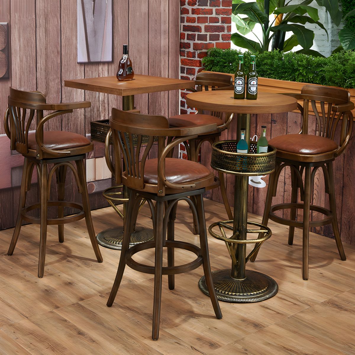 Industrial Solid Wood Bar Table Set 1/3/4/5 Pieces Counter Table with High Stools