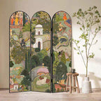 Indoor Opaque Collapsible Natural Wood Room Screen with 3 Panels, Double Sided Print, and Freestanding Design