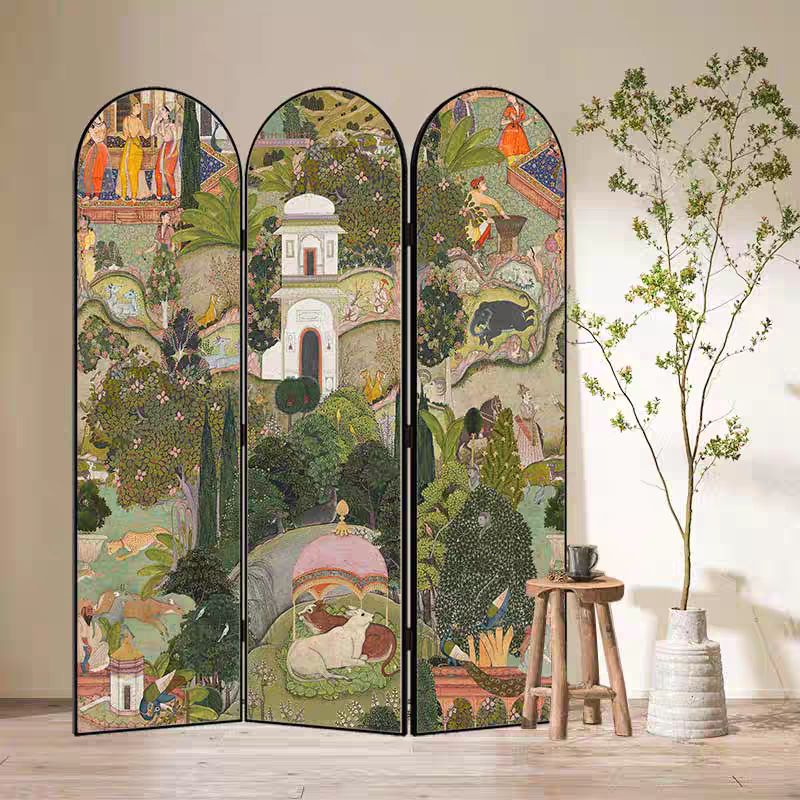 Indoor Opaque Collapsible Natural Wood Room Screen with 3 Panels, Double Sided Print, and Freestanding Design