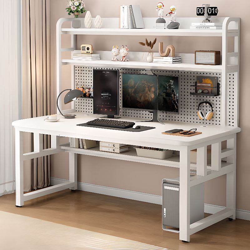 Black/Chalk Rectangle Metal Base Table with Wear Resistance, Shelves, Toboggan Base, Cable Management, and Rounded Corners