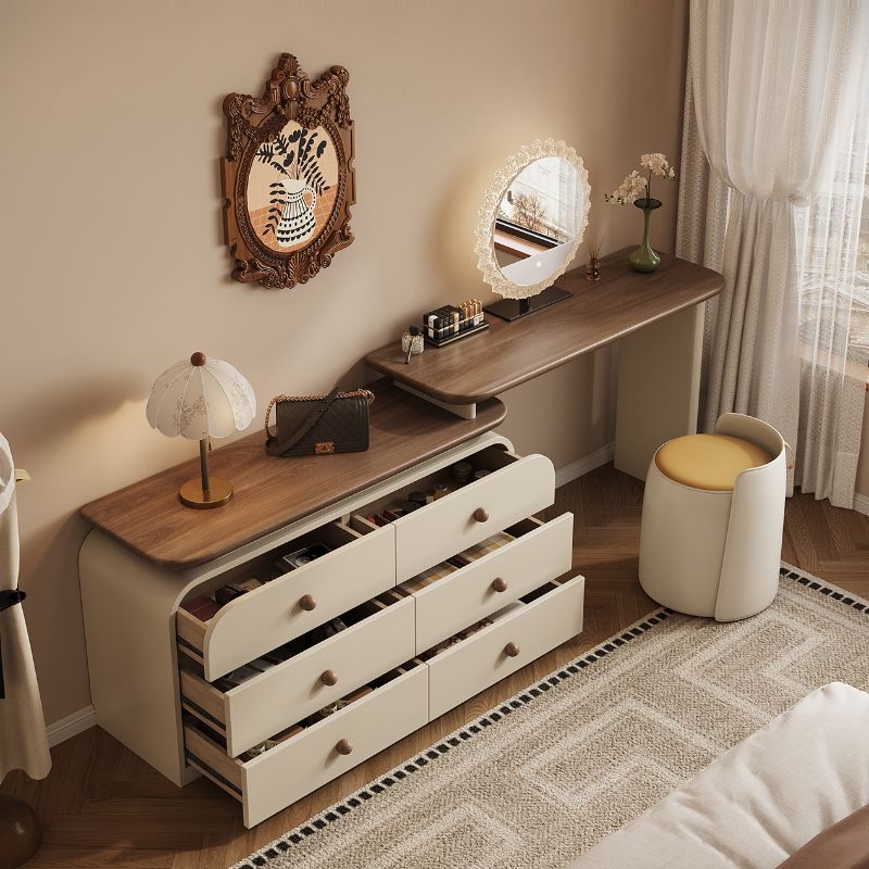 Large Vanity Set with Upholstered Chair in Chalk, 6 Drawers, Polymer Frame, LED Lighting, 2-in-1 Design