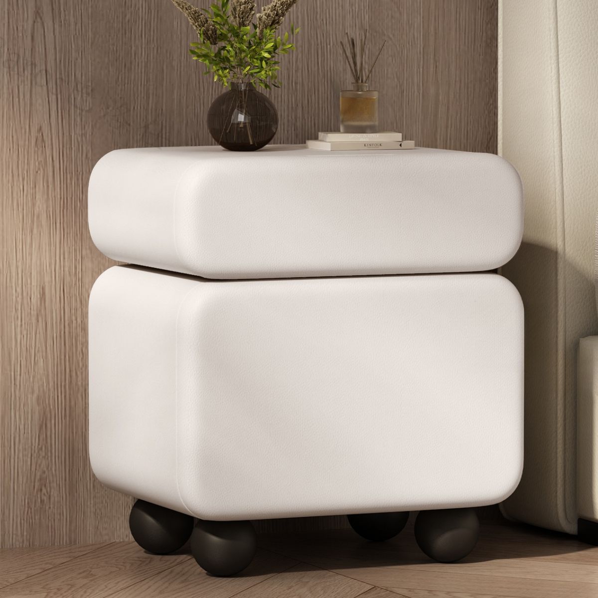 Modish Nightstand With Drawer Organization Featuring 1 Drawer, 1 Cabinet, Right Orientation, and Lumber Countertop