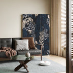 Navy Blue Opaque Foldable Temporary Wall Divider with Natural Wood Frame, 3/4 Panels, Double Sided Print, Standalone