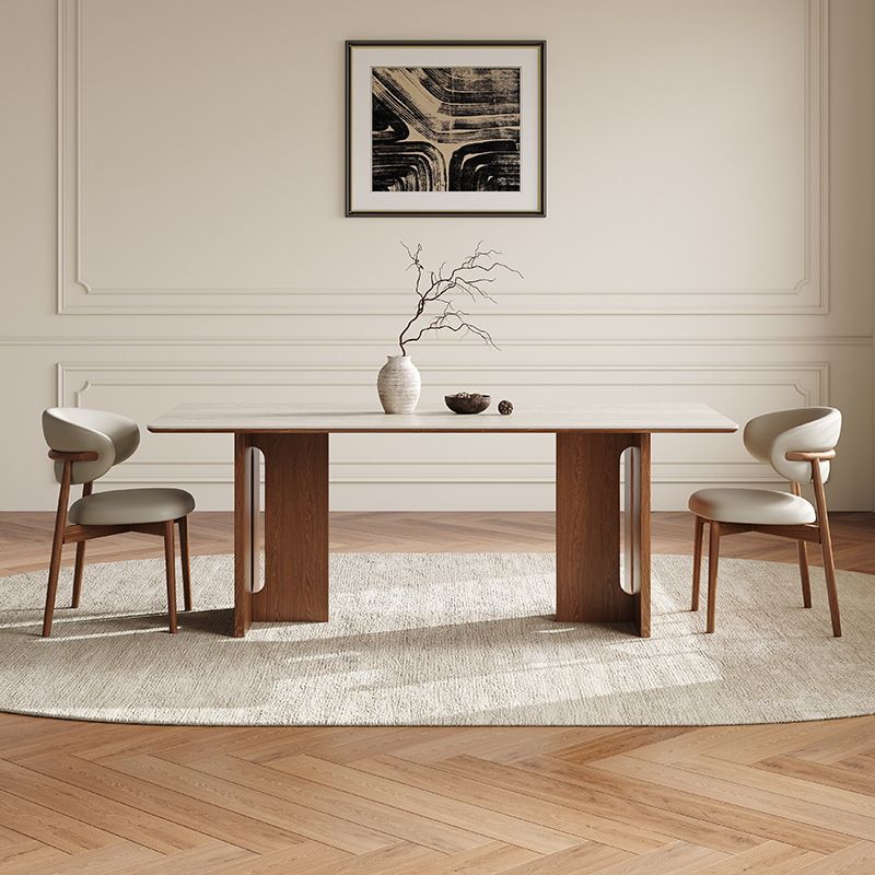 Simplistic Rectangular Dining Table with Cream Slate Top and Fixed Table Mechanism