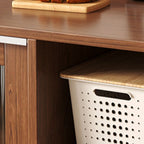 Art Deco Sideboard with 3 Drawers, Narrow Design, 1 Shelf/2 Shelves Larder Storage, Lumber Countertop, and Sliding Doors