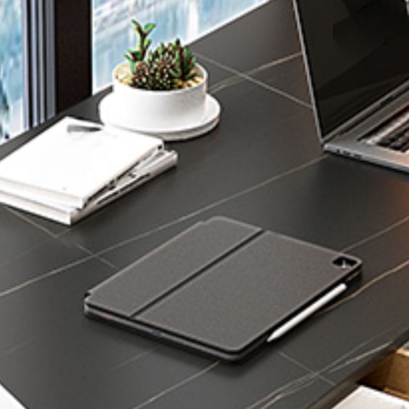 Easy Assembly Heat Resistant Writing Desk with 2 Drawers and Sleigh Base in Glossy Black Slate