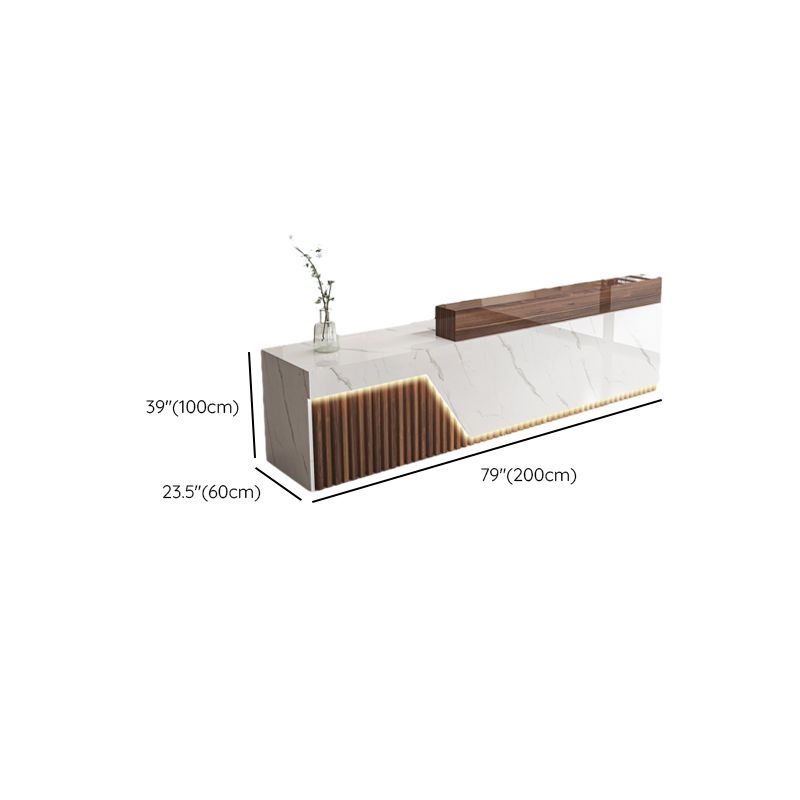 Rectangular Reception Desk with Locker, Hutch, Keyboard Tray, Cable Management, and Filing Cabinet in Manufactured Wood Top
