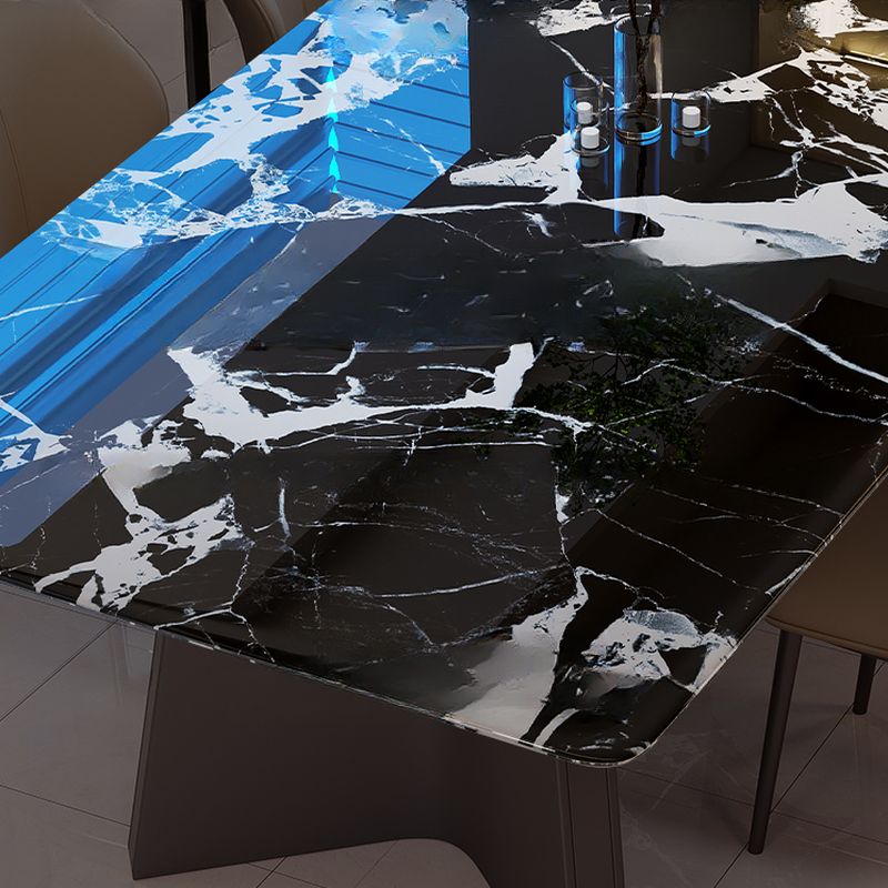 Trendy Midnight Black Steel Base Fixed Mixed Material Marble Top Dining Table Seating for 4/6 People, Stain Resistant